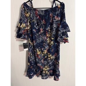 NWT Gabby Skye Floral Butterfly Off the Shoulder Dress 8 Navy Blue Triple Ruffle